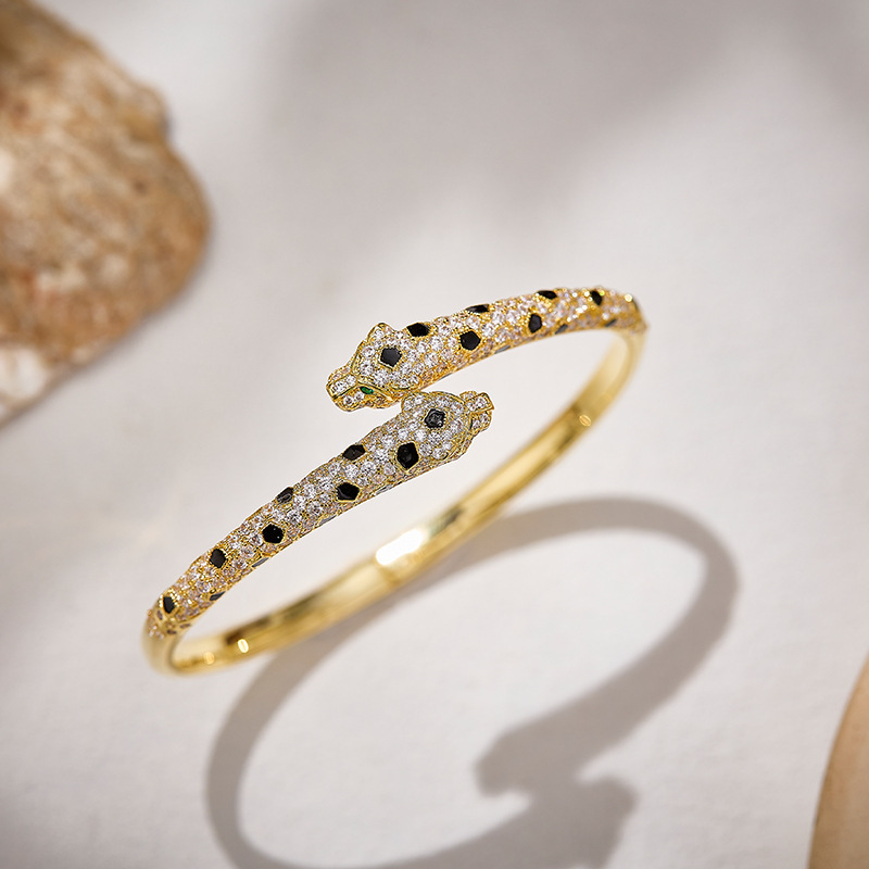 Narrow Version Full Diamond Double-Headed Leopard Bracelet, Gold-Plated, Stylish and Fashionable Women's Leopard Bracelet