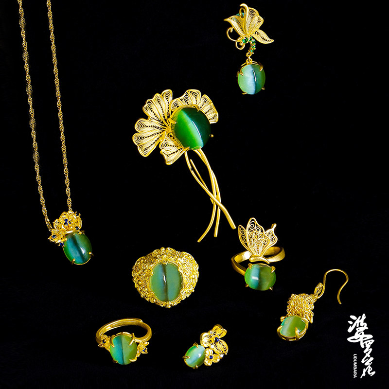 Original gem grade Russian-made cat eye non-relic silk studded 24K gold and Tian Yubi jade butterfly romance flower pendant