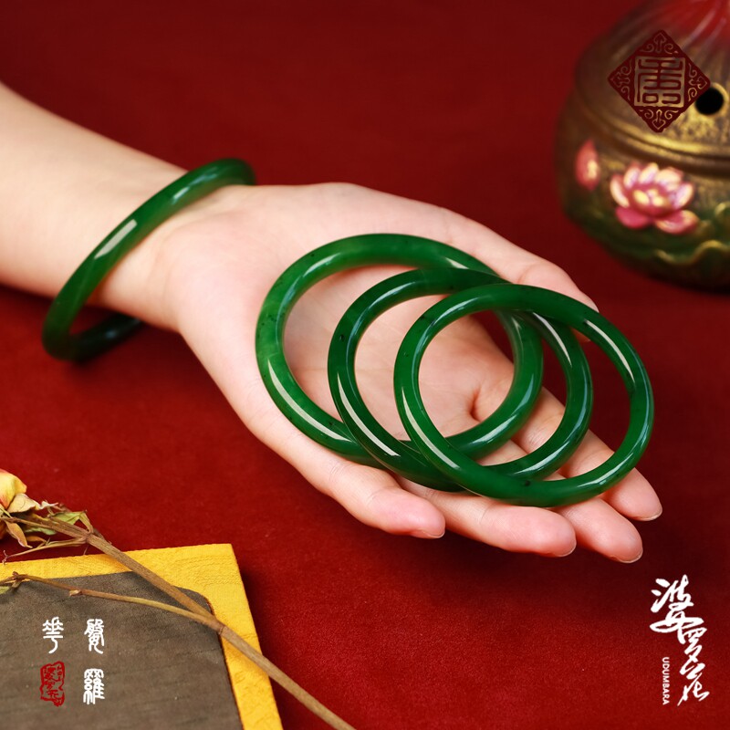 (Boro flower) Russian material and Tian Yubi jade narrow strips of fine jade bracelets spinach green fine round strips of ice overdraft bracelets