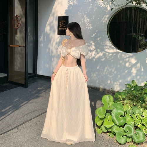 Короткий комплект, юбка, открытые плечи, рукава фонарики