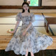 Tea break French-style niche design sense retro oil painting ink printing puff sleeve dress waist slimming long skirt