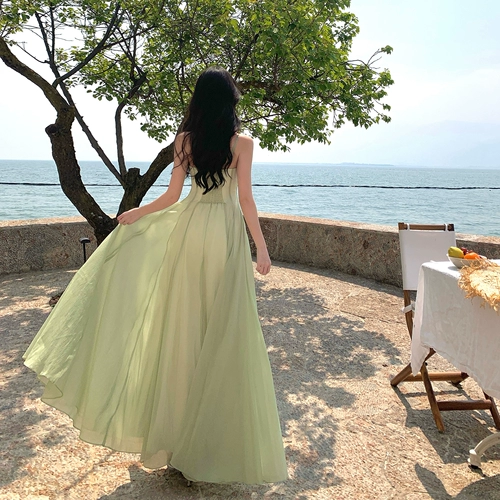 Потрясающее зелено-белое длинное платье с талией на бретельках, летнее платье с чистой талией, сказочный отдых на море