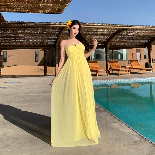 Желтый топ без лямок, длинная юбка, эффект подтяжки, с открытой спиной