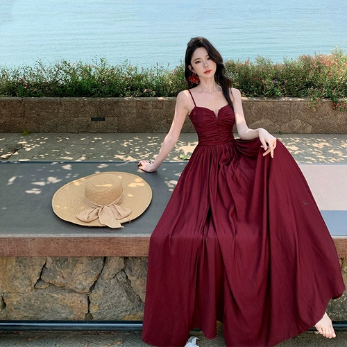Бордовый летний корсет, весенняя длинная юбка, пляжное платье, французский стиль, с открытой спиной, яркий броский стиль