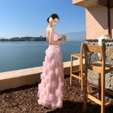 Платье, небольшая дизайнерская трехмерная розовая длинная юбка, французский стиль, тренд сезона, в цветочек, изысканный стиль