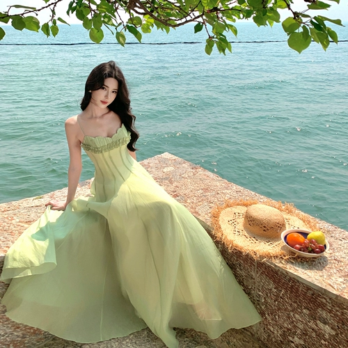 Потрясающее зелено-белое длинное платье с талией на бретельках, летнее платье с чистой талией, сказочный отдых на море