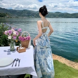 Синий атмосферный ремень, пляжное платье, юбка, французский стиль, цветочный принт, в цветочек, с открытой спиной