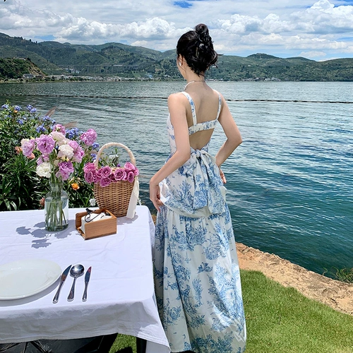 Синий атмосферный ремень, пляжное платье, юбка, французский стиль, цветочный принт, в цветочек, с открытой спиной