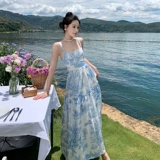 Синий атмосферный ремень, пляжное платье, юбка, французский стиль, цветочный принт, в цветочек, с открытой спиной