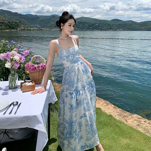 Синий атмосферный ремень, пляжное платье, юбка, французский стиль, цветочный принт, в цветочек, с открытой спиной