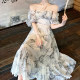 Tea break French-style niche design sense retro oil painting ink printing puff sleeve dress waist slimming long skirt