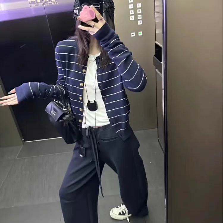 Navy Blue Striped Knitted Cardigan for Women, Early Autumn 2025 New Korean Style Chic Sweater Jacket Top