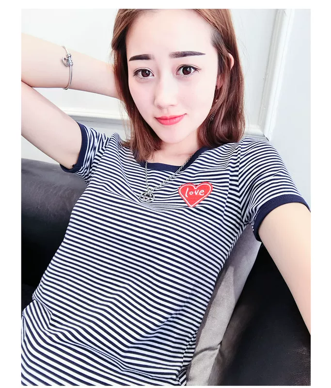 Áo thun sọc ngắn tay nữ sinh viên mùa hè Hàn Quốc Phụ nữ hoang dã thon gọn áo sơ mi nửa tay áo sơ mi nữ - Áo phông
