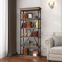 American wrought iron bookshelf Kitchen solid wood storage rack Living room floor-to-ceiling multi-layer rack Industrial style creative retro shelf