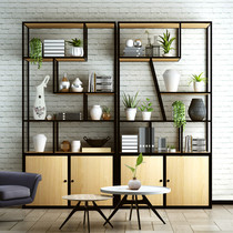 loft wrought iron partition shelf Living room retro locker American solid wood bookshelf display rack Entrance cabinet screen