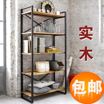 American retro wrought iron bookshelf Simple kitchen Solid wood living room shelf Floor storage rack Creative multi-layer logs