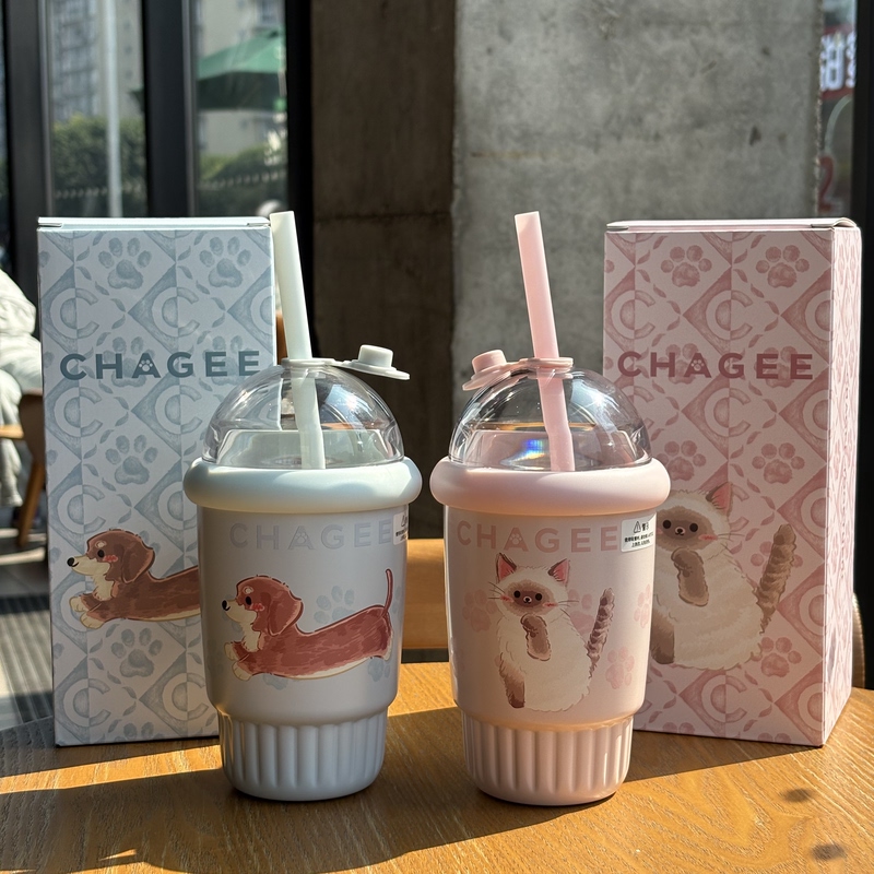 Bawang Tea Ji Cute Pet Series Dachshund Large Capacity Straw Cup Cute Cat and Dog Stainless Steel Portable Desktop Water Cup