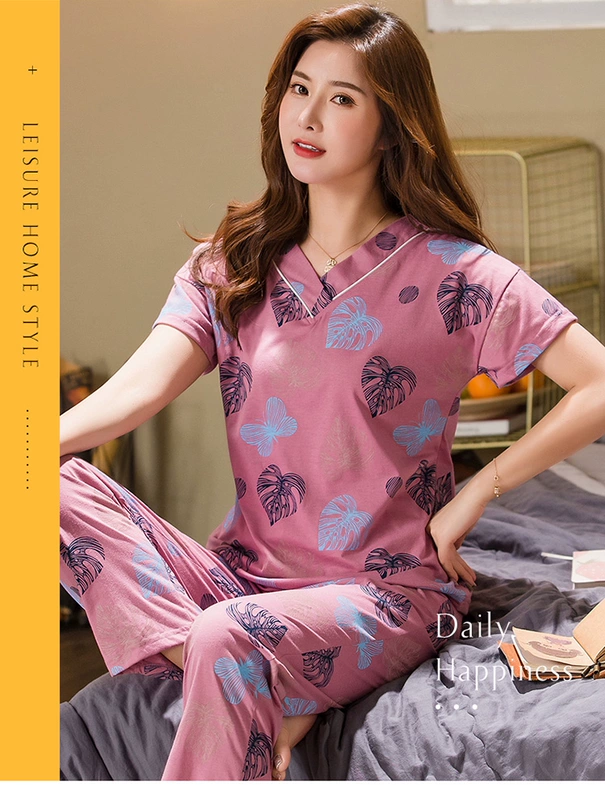 Bộ đồ ngủ quần dài ngắn tay phụ nữ trung niên và cao tuổi cotton mỏng mùa hè các bà mẹ trung niên cộng với size bộ đồ phục vụ tại nhà cho mẹ - Giống cái