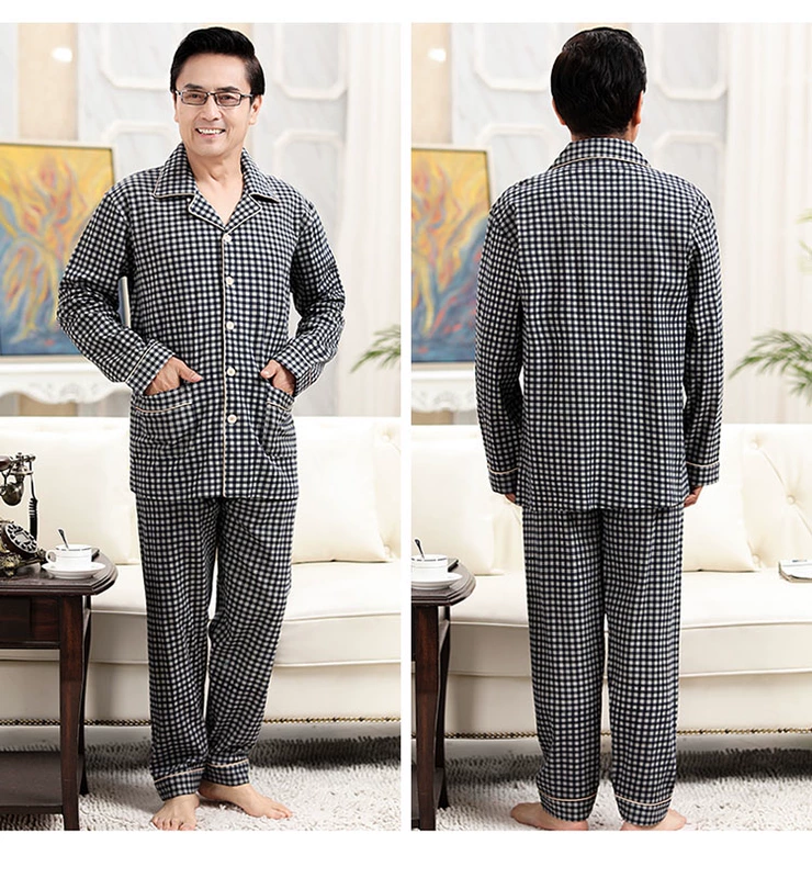 Người cha trung niên và người già bộ đồ ngủ pijama của người đàn ông mùa xuân và mùa thu bằng vải bông tinh khiết ông già cộng với người đàn ông trung niên béo cộng với kích thước - Pyjama