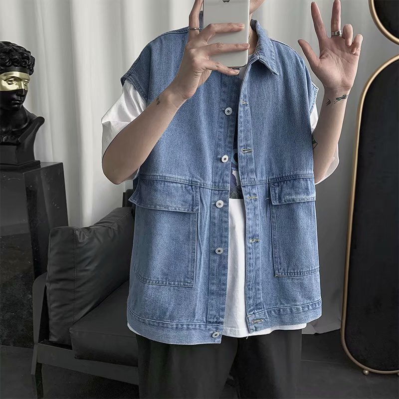 Summer Denim Jacket Men's Outerwear Korean Style Loose Sleeveless Vest Trendy ins Workwear Vest Trendy