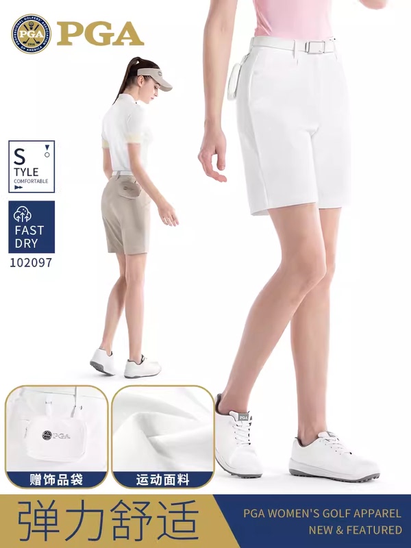 American Pga Golf Pants Women's Shorts Summer Style Elastic Sports Quick-Drying Pants with Free Waist Bag and Mid-Sleeve T-Shirt