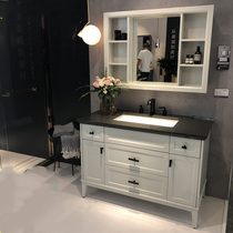 Light luxury bathroom cabinet combination Oak simple bathroom cabinet solid wood floor washing table mirror cabinet American sink round mirror