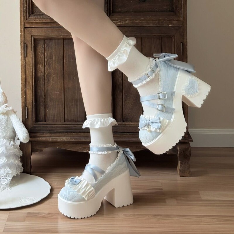 Girls' Lolita Shoes, Bunny Doll Cute High Heels, Round Toe Bowknot Jk Chunky Heel Flat Shoes