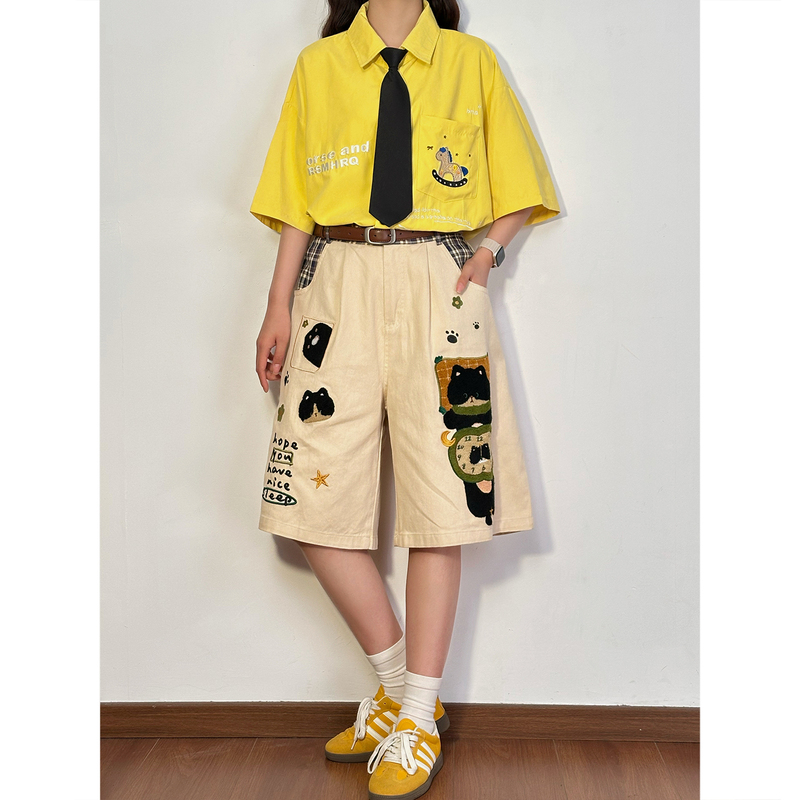 Soldout Original American Retro Cartoon Cat Embroidered Shorts for Women, Summer Loose Wide-Leg Casual Shorts Soldout Original American Retro Cartoon Cat Embroidered Shorts for Women, Summer Loose Wide-Leg Casual Shorts