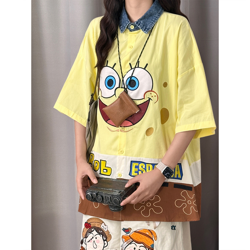 Soldout Original Japanese Retro Childlike Spongebob Cartoon Embroidered Patchwork Short-Sleeve Shirt Women's Top Summer Soldout Original Japanese Retro Childlike Spongebob Cartoon Embroidered Patchwork Short-Sleeve Shirt Women's Top Summer