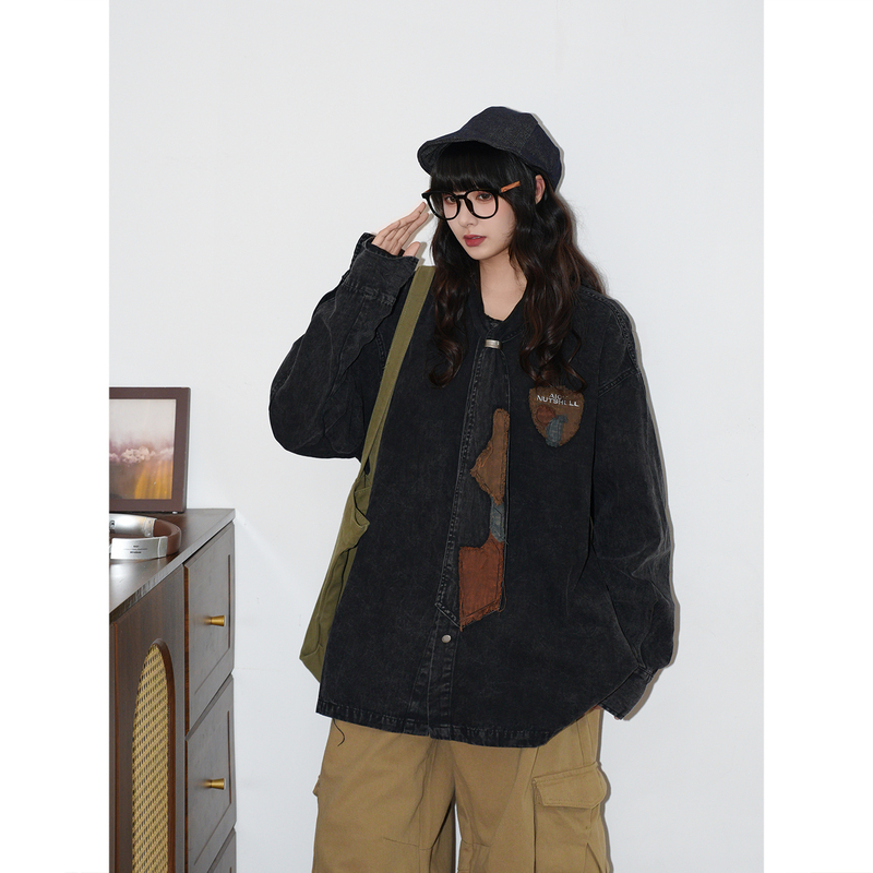 Soldout Original American Retro Washed Color-Block Tie Long-Sleeve Shirt Unisex Embroidered Autumn Loose Jacket