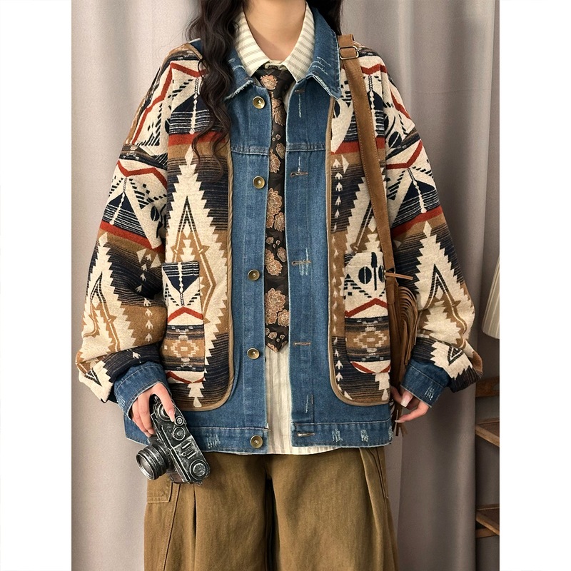 Soldout Original Spring Japanese Retro Denim Patchwork Ethnic Style Jacket Women's Loose Trendy Top