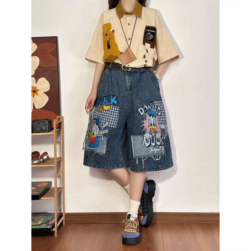 Soldout Original Cartoon Patch Embroidered Donald Duck Cropped Denim Pants for Women, Loose Fit, Washed and Distressed Top for Summer