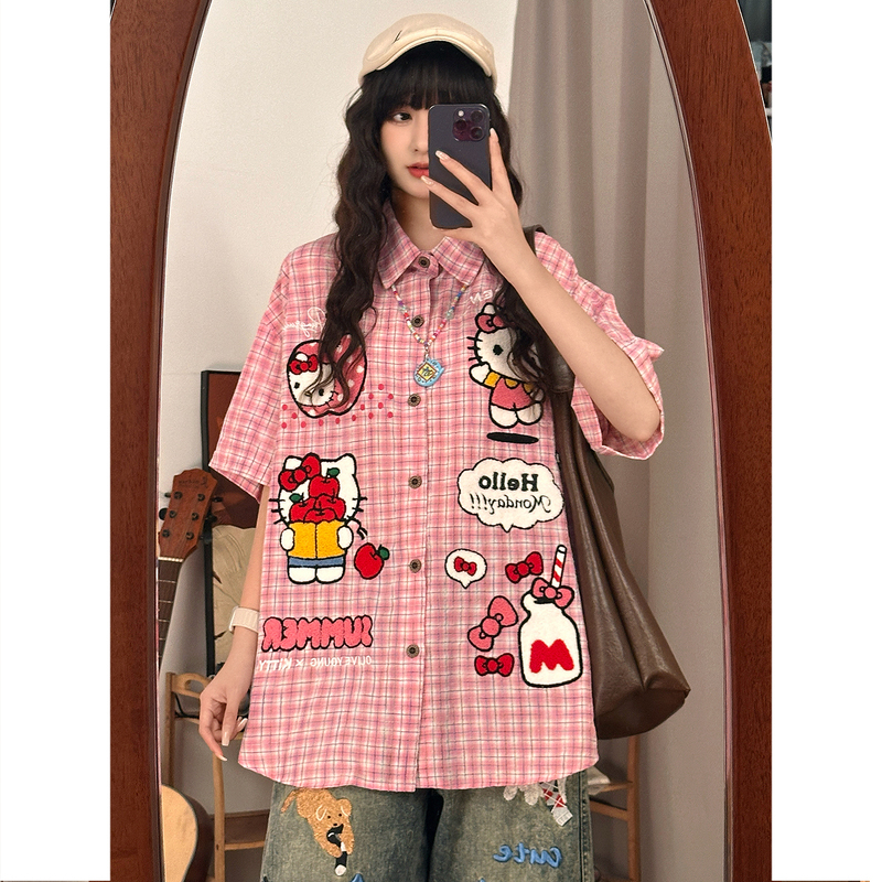 Soldout Original Cute Cartoon Kt Cat Embroidered Plaid Short-Sleeved Shirt for Women Summer Loose Preppy Style Shirt Soldout Original Cute Cartoon Kt Cat Embroidered Plaid Short-Sleeved Shirt for Women Summer Loose Preppy Style Shirt