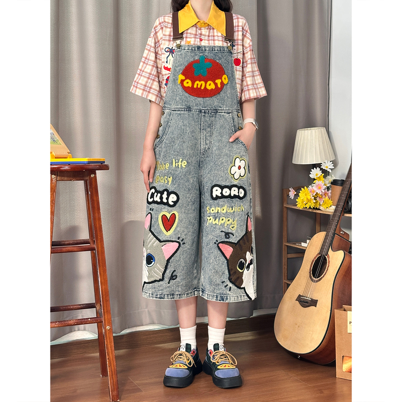 Soldout Original American Retro Cartoon Cat Embroidered Denim Overalls for Women, Loose Wide-Leg Cropped Shorts