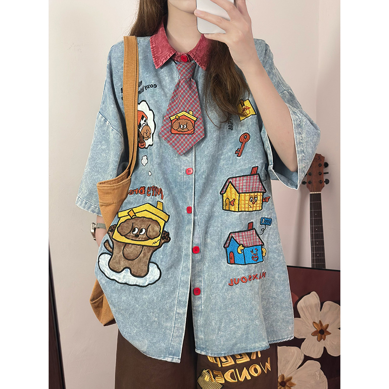 Soldout Original American Retro Fun Cartoon Embroidered Washed Denim Short-Sleeved Shirt for Women Loose Top Summer