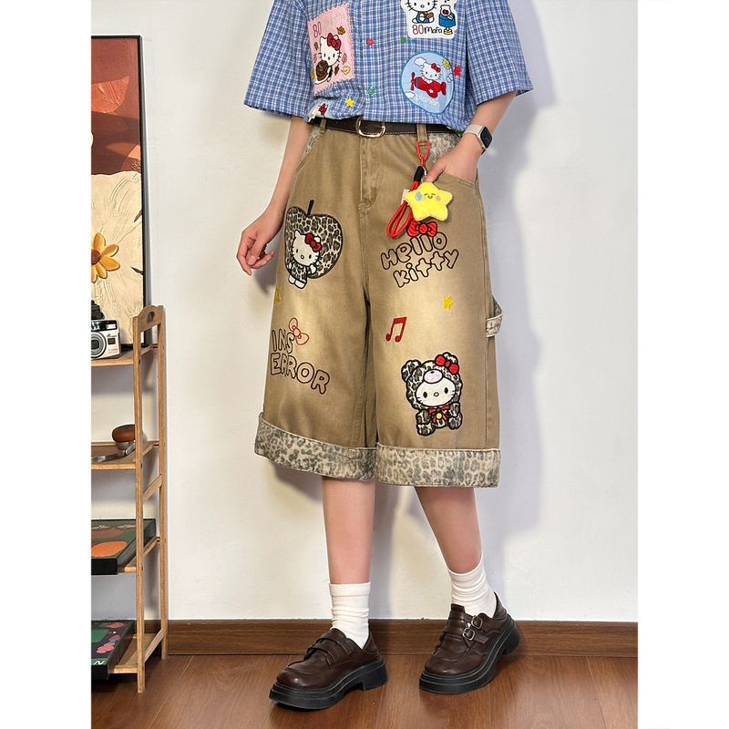 Soldout Original Summer American-Style Washed Cartoon Kt Cat Embroidered Denim Cropped Pants for Women Loose Rolled Hem Shorts