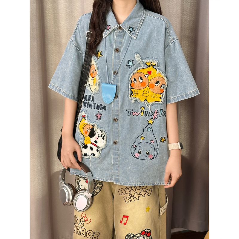 Soldout Original Japanese Style Retro Cartoon Patch Embroidered Denim Short-Sleeved Shirt Women's Loose Casual Shirt Summer