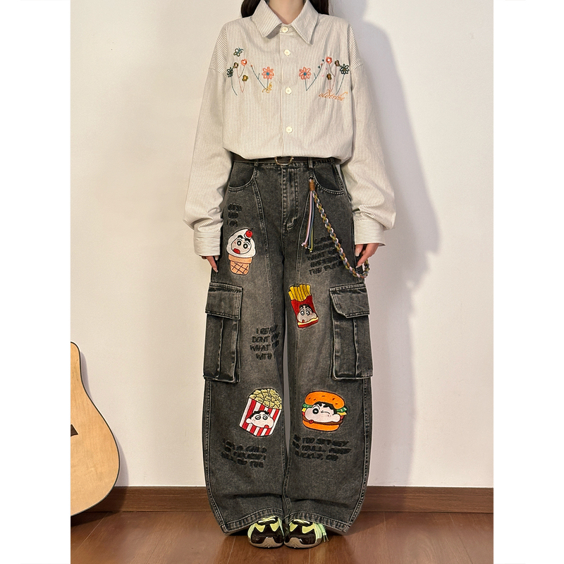 Soldout Original American Cartoon Burger Embroidered Jeans for Women, Loose Straight-Leg Distressed High Street Pants, Trendy Brand