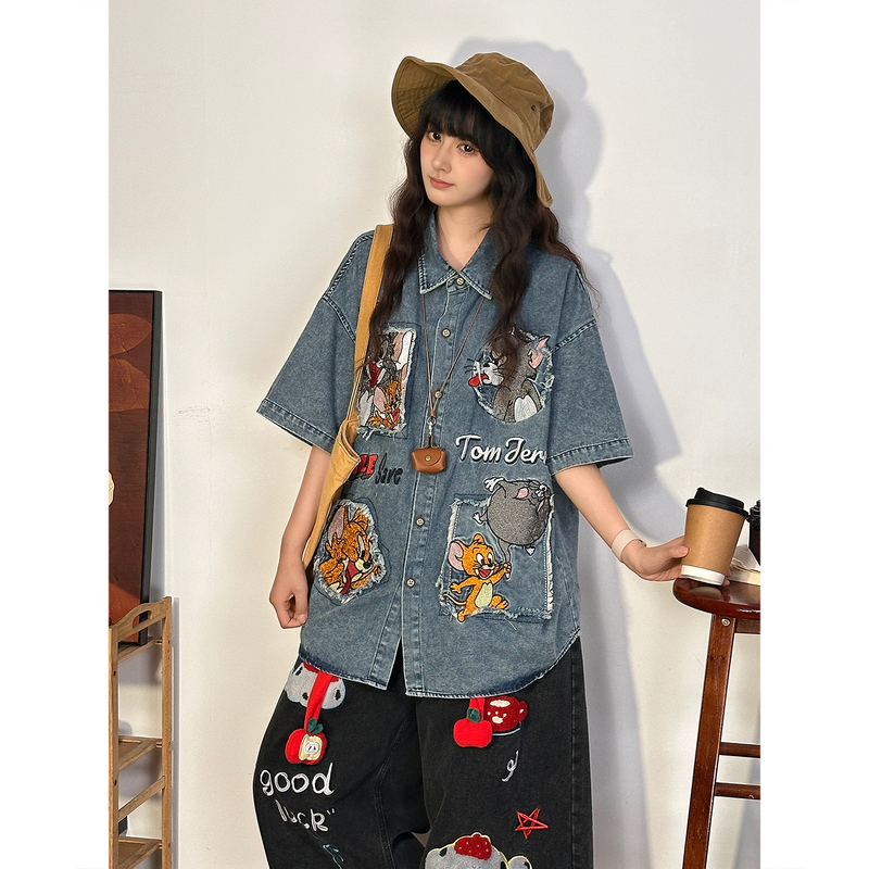 Soldout Original American Retro Cartoon Patch Embroidered Distressed Denim Short-Sleeve Shirt for Women, Loose Top for Summer
