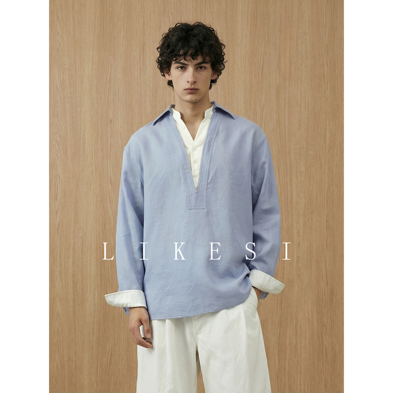 Likesi Lyocell French V-Neck Shirt, Spring 2026 New Style, Old Money Style, Fake Two-Piece Design, Loose Shirt
