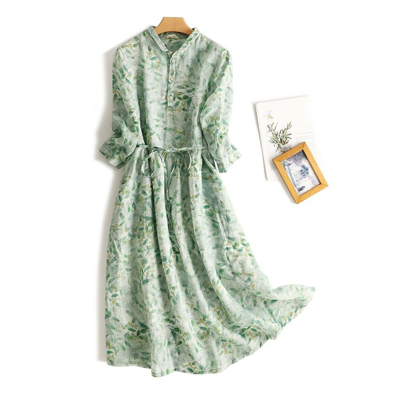 Italian First-Line Brand Export Surplus Spring and Autumn Long-Sleeved Ramie Floral Waist-Cinching Linen Tie Dress