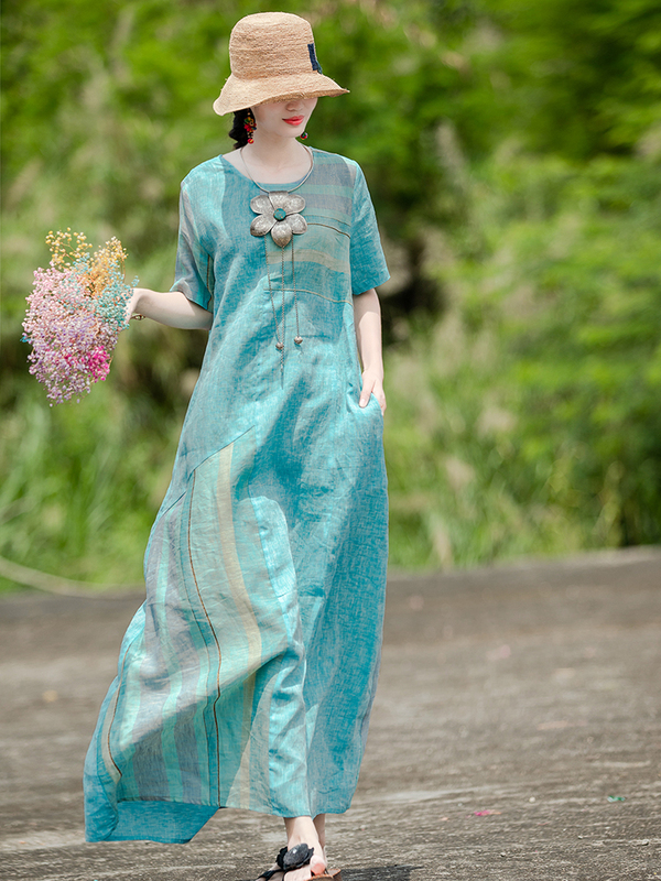 Japanese Export First-Line Brand Summer Vintage Cotton and Linen Dress Loose Patchwork Casual Elegant Long Dress