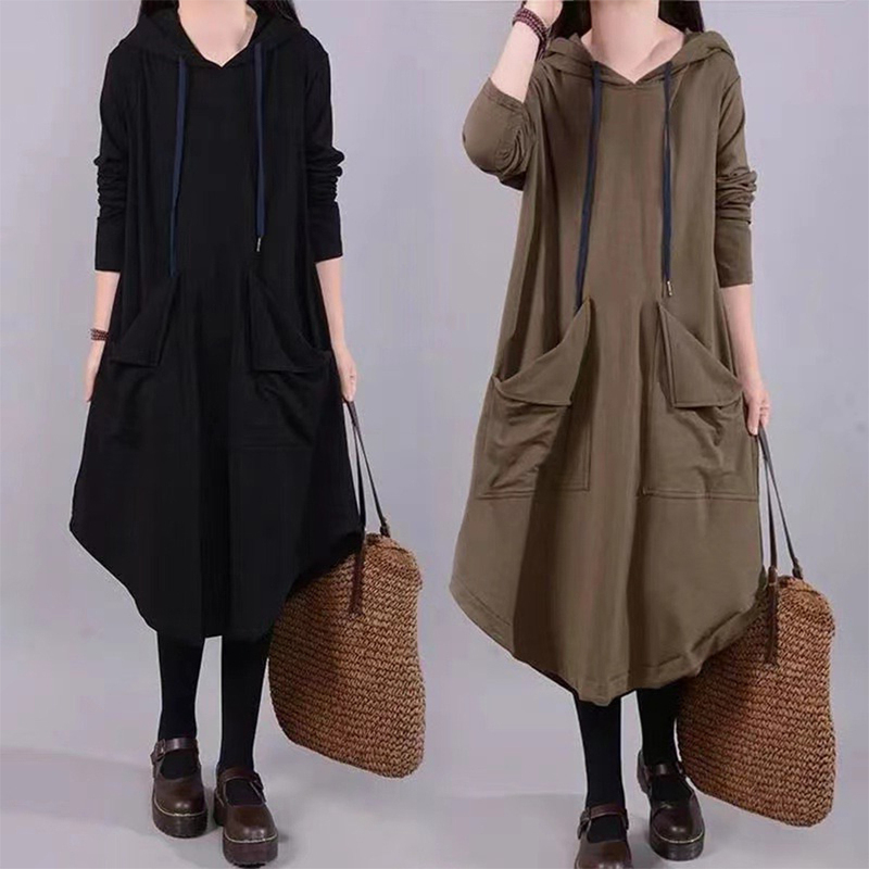 Foreign Trade Women's Clothing Clearance Sale, Spring and Autumn Loose-Fitting, Artistic Mid-Length Dress with Large Pockets, Over-The-Knee, Tummy-Covering, Hooded Dress