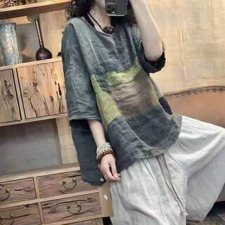 2025 Summer Loose and Versatile Ethnic Style Retro Linen Round Neck Pullover Artistic Casual Plus Size Fat Girl Top for Women