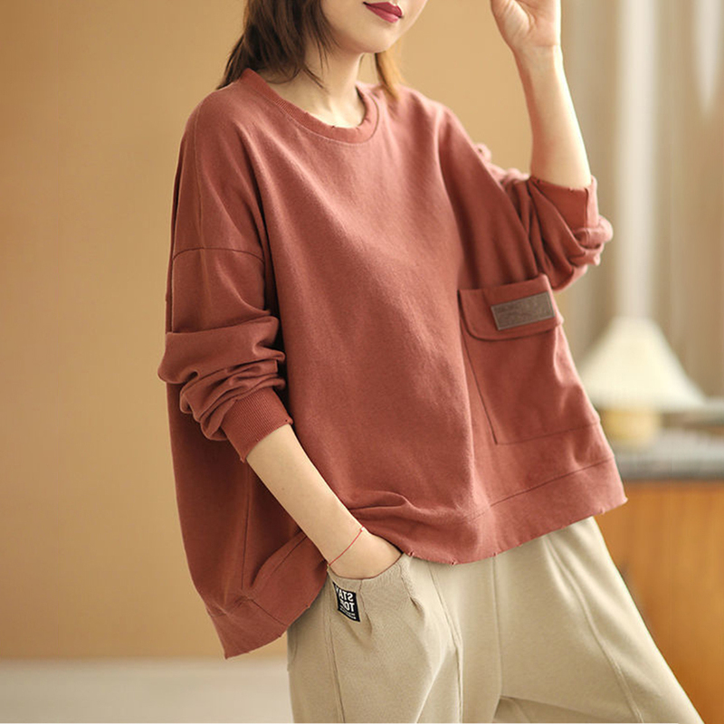 Women's Fashion Surplus Stock Spring and Autumn Long-Sleeve Sweatshirt, Stylish Versatile Casual Crew Neck Pullover, Solid Color Loose Top
