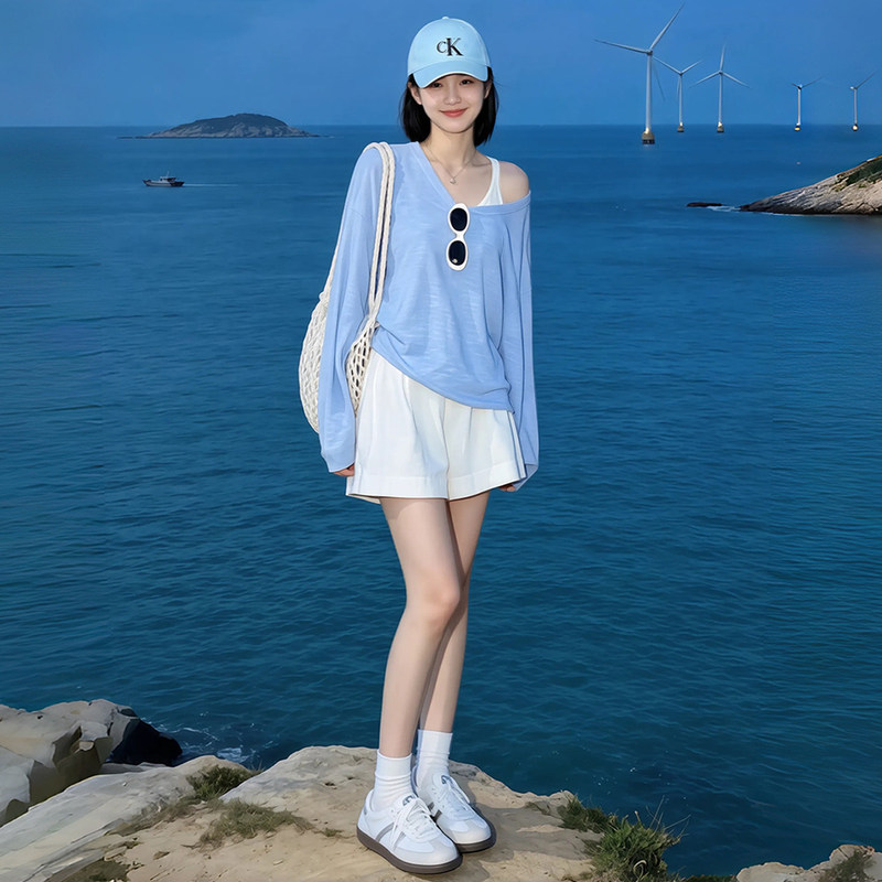 Lazy Style Blue Loose-Fitting Off-Shoulder Long-Sleeve Sun Protection Blouse T-Shirt for Women 2026 New Summer Chiang Mai Outfit Top Lazy Style Blue Loose-Fitting Off-Shoulder Long-Sleeve Sun Protection Blouse T-Shirt for Women 2026 New Summer Chiang Mai Outfit Top