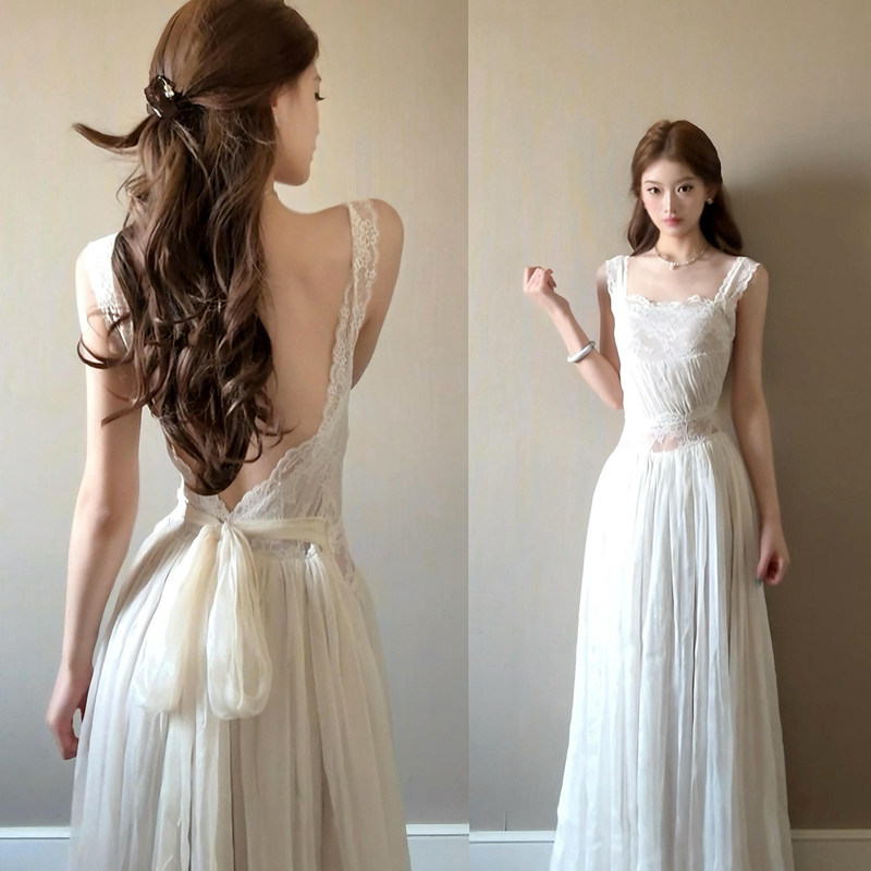 French Lace Patchwork Spaghetti Strap Dress for Women 2026 Summer Seaside Vacation Style Backless Tie Waist Long Dress