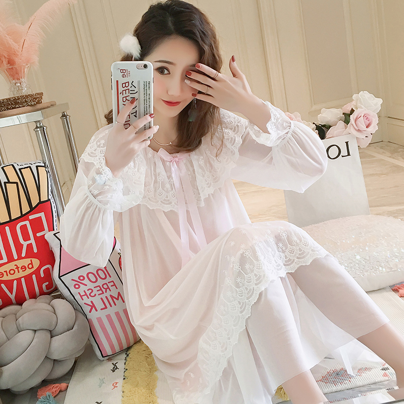 Net Yarn Sleeping Dress Woman Spring Autumn Season Long Sleeve Pure Cotton Palace Princess Wind Pyjamas Korean version Grace Winter Wonder Woman's Family Guy
