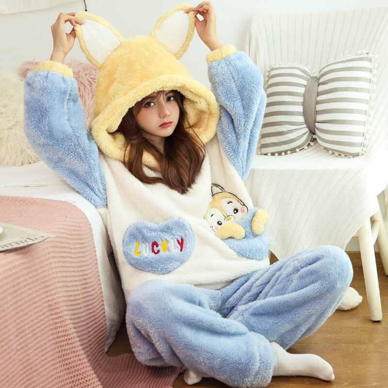 Coral fleece pajamas women's autumn and winter thickening 2022 new cute cartoon girls can wear home clothes suits