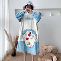 Pajamas for women in autumn and winter coral velvet thickened students cute nightgown flannel loose plus size fat mm 200 pounds